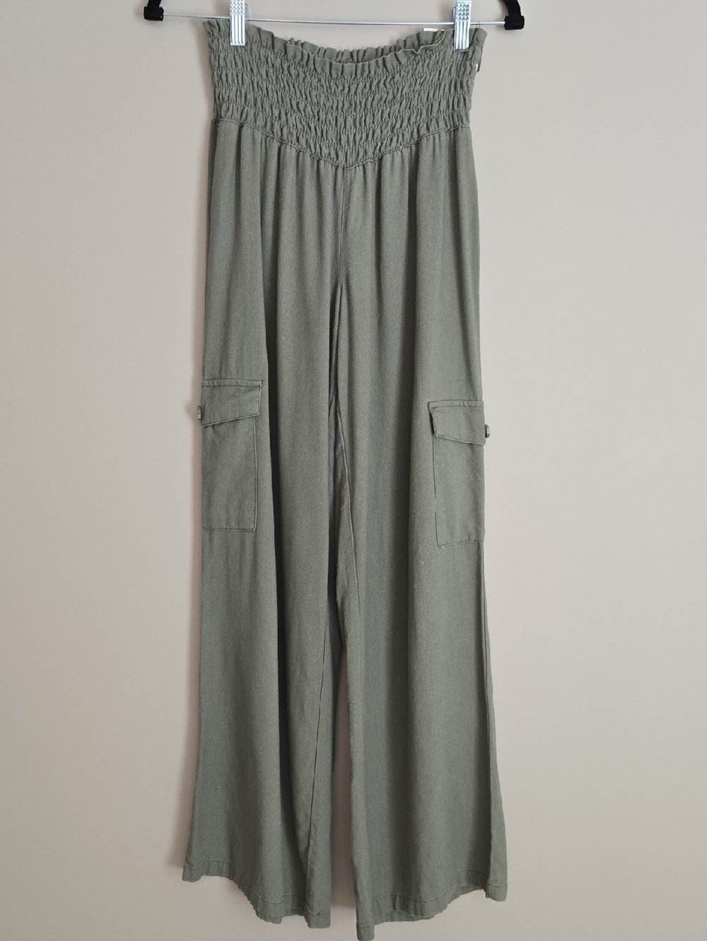 Rewash Olive Green Smocked Waist Wide Leg Pants Linen Blend Carfo Utility